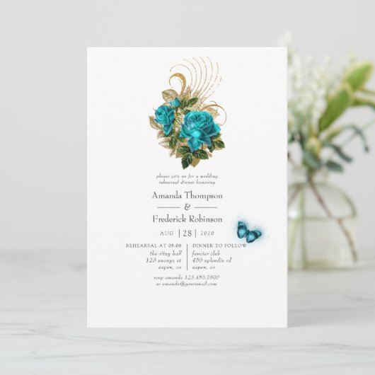 Fantasy Türkis und Gold Probe Dinner Einladung (Stehend Vorderseite)