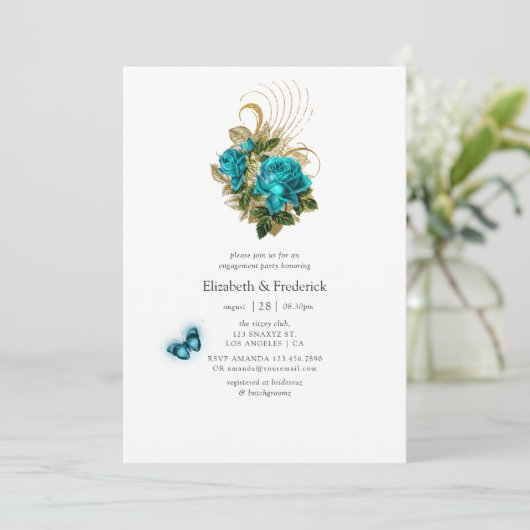 Fantasy Turquoise und Gold Engagement Party Einladung (Stehend Vorderseite)
