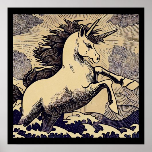 Fantasy Unicorn - Holzschnitt 1 Poster (Vorne)