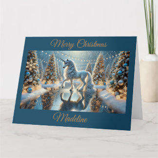 Fantasy Unicorn mit schimmernden Weihnachtsbäumen Karte