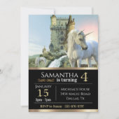 Fantasy Unicorn Mittelalterliches Schloss Metallic Einladung (Vorderseite)