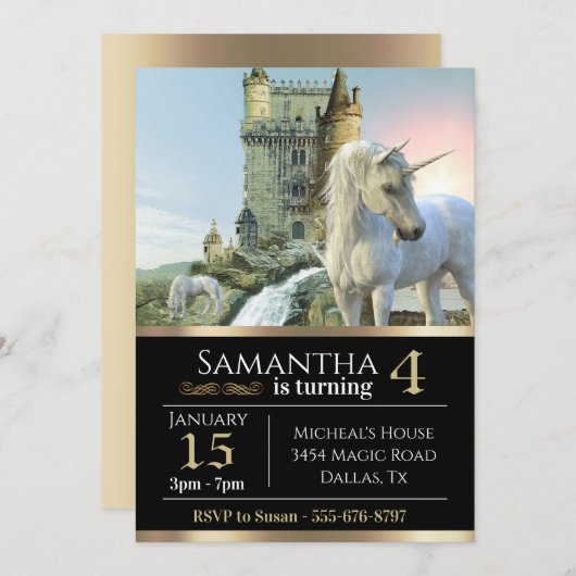 Fantasy Unicorn Mittelalterliches Schloss Metallic Einladung (Vorne/Hinten)