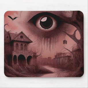 Fantasy: Verfallenes Haus mit riesigem Augapfel Mousepad