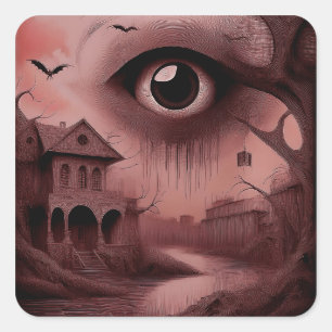 Fantasy: Verfallenes Haus mit riesigem Augapfel  Quadratischer Aufkleber