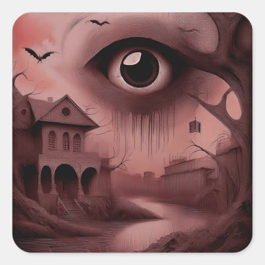 Fantasy: Verfallenes Haus mit riesigem Augapfel  Quadratischer Aufkleber (Vorderseite)