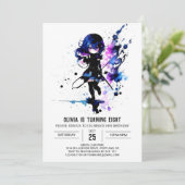 Fantasy Warrior Ninja Digital Girl Geburtstag Einladung (Stehend Vorderseite)