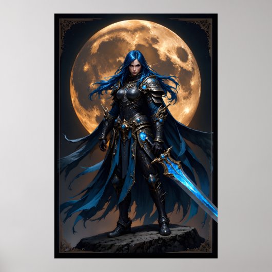 Fantasy Warrior Woman with Blue Hair and a Glowing Poster (Vorne)