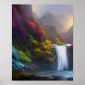 Fantasy Wasserfall, Berge und Wald Natur Art Poster (Vorne)