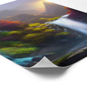 Fantasy Wasserfall, Berge und Wald Natur Art Poster (Ecke)