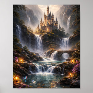 Fantasy-Wasserfall-Schlossplakat Poster