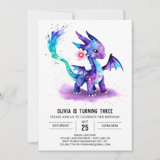 Fantasy Watercolor Dragon Digitales Girl zum Gebur Einladung
