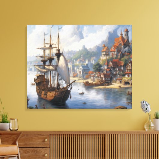 Fantasy Waterfront Village & Ship Leinwanddruck (Insitu (Wohnzimmer))