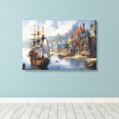 Fantasy Waterfront Village & Ship Leinwanddruck (Insitu (Holzboden))