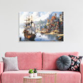 Fantasy Waterfront Village & Ship Leinwanddruck (Insitu (Wohnzimmer))