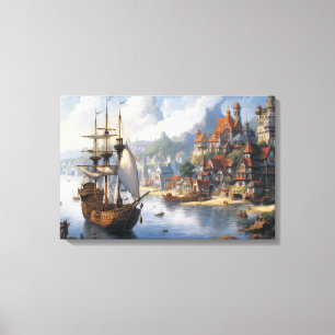 Fantasy Waterfront Village & Ship Leinwanddruck