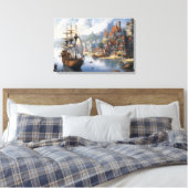 Fantasy Waterfront Village & Ship Leinwanddruck (Insitu (Schlafzimmer))
