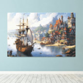 Fantasy Waterfront Village & Ship Leinwanddruck (Insitu (Holzboden))