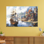 Fantasy Waterfront Village & Ship Leinwanddruck (Insitu (Wohnzimmer))