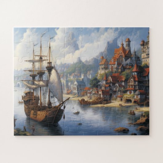 Fantasy Waterfront Village & Ship Puzzle (Horizontal)