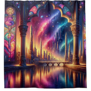 "Fantasy Waterscape with Stached Glass Arch" Duschvorhang