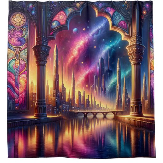"Fantasy Waterscape with Stached Glass Arch" Duschvorhang (Vorderseite)