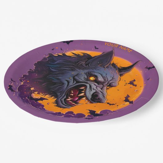 Fantasy Werewolf Moon Halloween Pappteller (Schrägansicht)