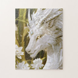 Fantasy White and Gold Dragon mit Blume Puzzle