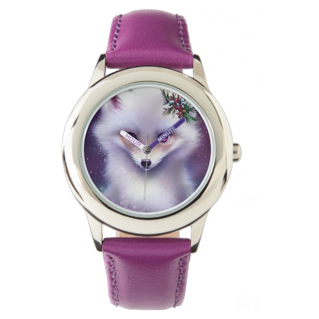Fantasy White Baby Fox mit Lavendel Eyes Armbanduhr (Vorderseite)