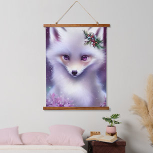 Fantasy White Baby Fox mit Lavendel Eyes Wandteppich Mit Holzrahmen