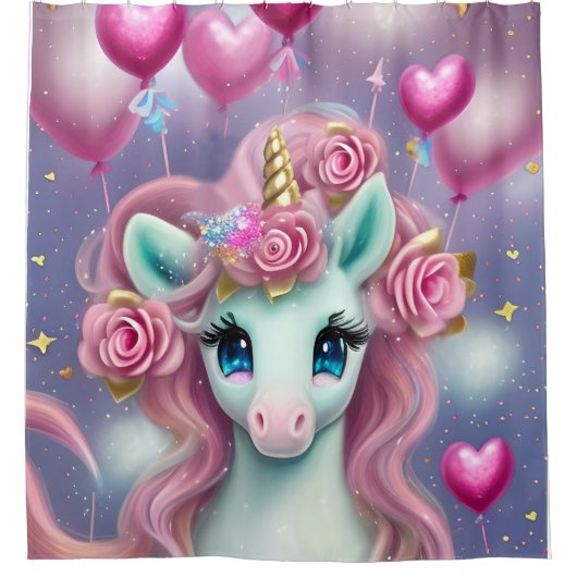 Fantasy White Baby Unicorn mit rosa Herzen Duschvorhang (Vorderseite)