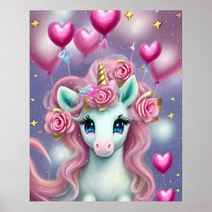 Fantasy White Baby Unicorn mit rosa Herzen Poster