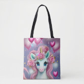 Fantasy White Baby Unicorn mit rosa Herzen Tasche (Vorderseite)