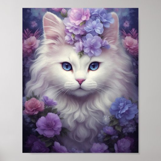 Fantasy White Cat mit Blume Poster (Vorne)