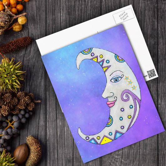 Fantasy White Crescent Moon farbige Markierungen Postkarte