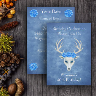 Fantasy White Deer Head Antlers Blue Rose Geburtst Einladung