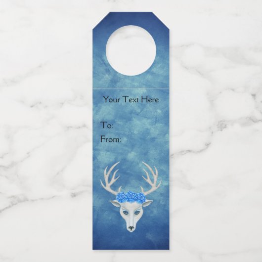 Fantasy White Deer Head Hübsche Rose Misty Blue Flaschenanhänger (Vorderseite)
