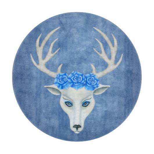 Fantasy White Deer Head Tragend Rose Antlers Blue Schneidebrett (Vorderseite)