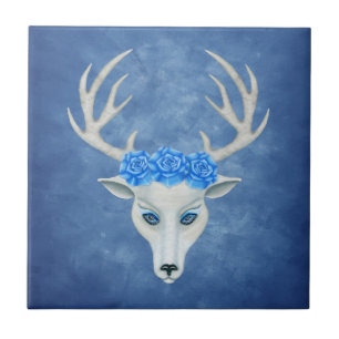 Fantasy White Head of a Deer Antlers Rose Blue Fliese