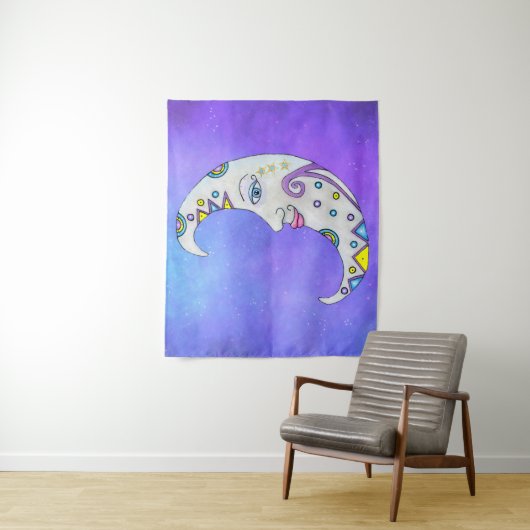 Fantasy White Moon Face Brillant farbene Akzente Wandteppich (Beispiel)