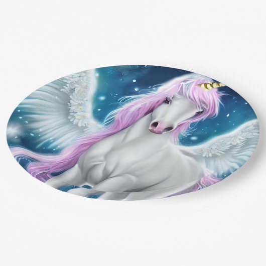 Fantasy Winged Unicorn mit rosa Haar Pappteller (Schrägansicht)