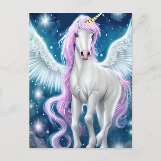 Fantasy Winged Unicorn mit rosa Haar Postkarte (Vorderseite)