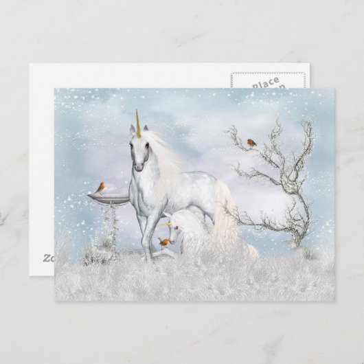 Fantasy Winter Unicorn und Fohlen Postkarte (Vorne/Hinten)
