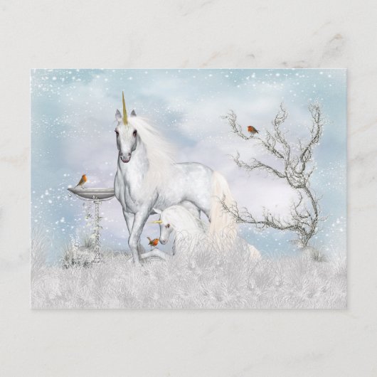 Fantasy Winter Unicorn und Fohlen Postkarte (Vorderseite)