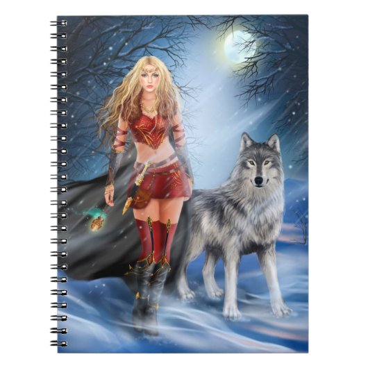 Fantasy Winter Warriorin Prinzessin und Wolf Notizblock (Vorderseite)