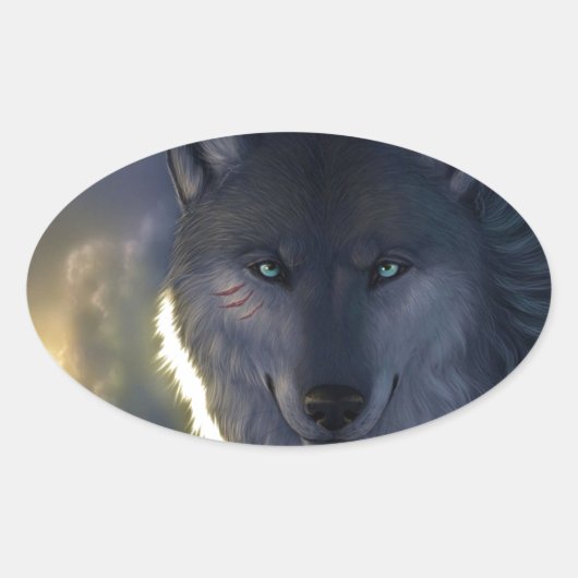 Fantasy Wolf Ovaler Aufkleber (Vorderseite)