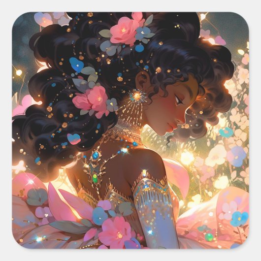 Fantasy Woman African American Art Quadratischer Aufkleber (Vorderseite)