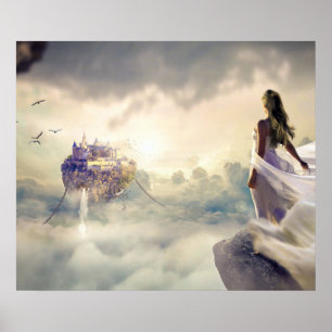 Fantasy Woman and Island Castle in the Clouds Poster