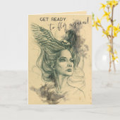 Fantasy Woman Bird Skull Wings Surreal Art Karte (Gelbe Blume)