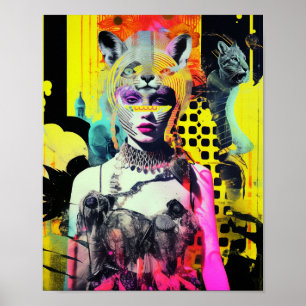 Fantasy Women and Animals Colorful Collage Poster