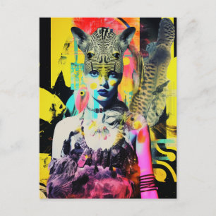 Fantasy Women and Animals Colorful Collage Postkarte